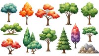 Cartoon tree collection with colorful foliage and rocks isolated on white background for game design, children books, educational materials and digital art projects.