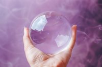 Crystal clear glass sphere held in feminine hand against purple smoke background, creating mystical fortune telling atmosphere for spiritual and divination concepts.