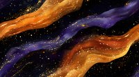 Cosmic abstract background with flowing orange and purple nebula streams against starry black space, golden glitter particles scattered across waves.