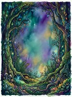 Enchanted forest clearing framed by gnarled trees with magical watercolor sky in purple, teal, and gold tones. Mystical woodland scene with ferns and flora for fantasy, gaming, and creative design projects.
