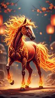 Majestic fire horse with flowing flame mane galloping through mystical landscape with glowing embers and magical atmosphere for fantasy artwork and gaming.