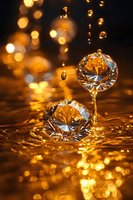 Crystal diamonds in golden water splash with magical bokeh lights creating luxurious atmosphere. Elegant jewelry concept for premium advertising.