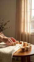 Woman hands arranging wooden blocks with symbols on cozy table near window with warm sunlight and eucalyptus plant creating peaceful mindful atmosphere.