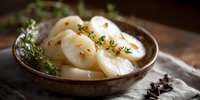 Fresh scallops garnished with thyme and spices in rustic ceramic bowl on wooden table, moody food photography with natural lighting and soft focus.