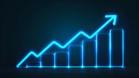 Glowing neon blue graph showing upward trend with bar chart and arrow on dark background, representing business growth and financial success.