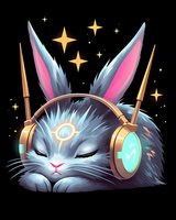 Mystical bunny with glowing headphones sleeping under starry night sky, featuring neon accents and magical elements on black background. Fantasy gaming art style.