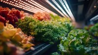 Fresh organic produce growing under LED grow lights in modern vertical farm, showcasing sustainable indoor agriculture technology and leafy greens cultivation.