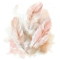 Delicate peach and white feathers arranged on soft watercolor background, creating ethereal composition for wedding invitations or boho decor.