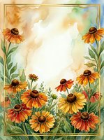 Watercolor autumn flowers frame with orange rudbeckia blooms and green foliage on textured background for seasonal greeting cards and invitations.