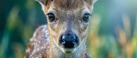 Young spotted deer fawn with bright blue eyes in natural forest habitat, wildlife photography showcasing innocent woodland animal in soft natural lighting.
