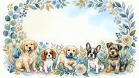 Adorable puppies sitting in watercolor floral frame with blue and green botanical elements. Perfect for nursery decor, greeting cards, pet themes.