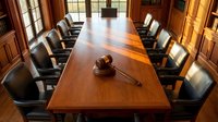 Corporate boardroom with wooden conference table, leather chairs and judge gavel for business meetings, legal consultations and executive decisions.