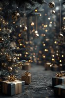 Festive holiday scene with golden ornaments, wrapped presents and glowing bokeh lights against dark evergreen branches creating magical Christmas atmosphere.
