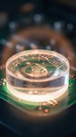 Transparent glass lens magnifying electronic circuit board with golden copper traces and components on green PCB background with bokeh lighting effects.
