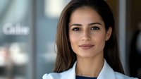 Young Hispanic businesswoman with confident smile wearing white blazer and professional attire in modern office setting, representing leadership and success.