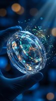 Hand holding transparent sphere with glowing circuit board and digital data particles flowing outward against blue bokeh background, representing technology innovation and digital transformation.