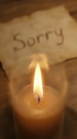 Glowing candle flame on wooden surface with handwritten sorry note on aged paper, evoking apology, forgiveness, and emotional sincerity.