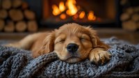 Sleeping golden retriever puppy on cozy knitted blanket near fireplace, warm evening atmosphere with firewood and glowing flames in background.