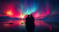 Romantic couple silhouette watching vibrant northern lights aurora borealis display over mountain lake, colorful night sky reflection in calm water surface.