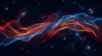 Abstract digital waves flowing through cosmic space with glowing red and blue particle streams against starry night sky background for technology designs.