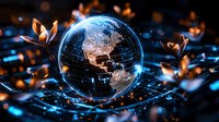Glowing digital Earth globe showing Americas surrounded by futuristic network connections and golden plant elements against dark background.