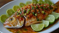 Grilled whole fish with lime garnish and herbs on white plate, perfect for restaurant menus, culinary blogs, and seafood marketing materials.