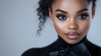Young African American woman with natural curly hair and professional makeup wearing black blazer, elegant portrait against light background with soft focus effect.