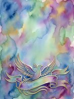 Watercolor gradient background with soft pastel colors blending from blue, green, yellow, and pink tones, featuring an ornate golden dove with ribbon banner in center.