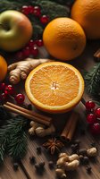 Fresh cut orange with winter spices, cranberries, ginger root and evergreen branches on dark wooden background. Festive holiday food photography.