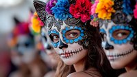Young woman wearing traditional Day of the Dead makeup with bright blue ornate details, colorful flower crown and intricate face paint design during cultural celebration.