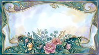 Watercolor floral frame with gold art nouveau border, roses, ferns, and pastel tones, perfect for wedding invitations and greeting cards.