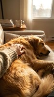 Golden retriever sleeping on a cozy sofa while a person gently pets it, warm sunlight streaming through a window in a cozy living room.