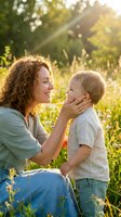 Loving mother with curly hair tenderly holding young son's face in golden sunset light outdoors. Warm family bonding moment in natural garden setting.