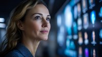 Professional blonde businesswoman gazing upward with hope and determination in modern corporate office with digital screens background.