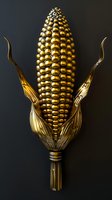 Luxurious golden corn cob with metallic kernels and ornate husks on dark background, dramatic lighting creates rich contrast and depth. Suitable for luxury food concepts.