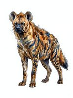 Spotted hyena with brown and black striped coat standing alert on white background, isolated wildlife animal illustration for educational materials and design projects.