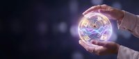 Hand holding glowing orb with digital holographic data visualization and network connections for technology, innovation, and future business concepts.