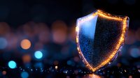 Glowing shield symbol with golden edges against dark background with blue bokeh lights, representing digital security and cyber protection concept.