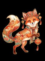 Ornate Chinese fox with floral patterns, lantern, and gold details, isolated on transparent background. Great for stickers, t-shirt design, and print on demand.