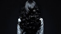 Young woman with luxurious long black wavy hair shown from behind wearing white blouse against dark background, dramatic fashion portrait highlighting hairstyle.