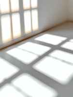Empty room interior with natural sunlight casting geometric window shadows on white floor creating patterns for architectural backgrounds.