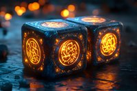 Glowing mystical dice with ancient magical symbols on dark wet surface, illuminated by warm orange light creating atmospheric fantasy gaming mood.