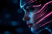Female profile with glowing neon pink and blue particle effects flowing through dark background, representing artificial intelligence and digital transformation.