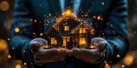 Glowing miniature house held in cupped hands against dark background with magical light particles and bokeh effects, creating mystical real estate concept.