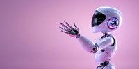 Friendly robot with waving mechanical hand against pink background, modern artificial intelligence concept showing welcoming gesture and positive interaction.