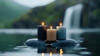 Three glowing candles on stone by waterfall create serene spa atmosphere with reflection in calm water. Peaceful meditation and wellness scene for relaxation.