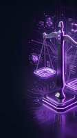 Digital justice scales with purple neon circuit board design representing legal technology, blockchain law, and cyber jurisprudence concepts.