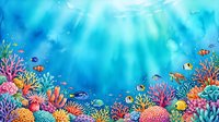 Vibrant underwater coral reef scene with tropical fish swimming among colorful corals and marine plants in crystal clear blue ocean water with sunbeams.