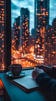 Cozy evening scene with coffee cup and hands writing in notebook by window overlooking illuminated city skyline with warm bokeh lights for relaxation concepts.