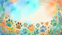 Watercolor illustration of colorful paw prints and botanical elements on soft gradient background, suitable for pet-related designs, greeting cards, and animal-themed projects.